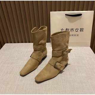 Giày Bốt Ngắn Nữ Mũi Vuông Dày Gót Slip-On Khóa Hai Tay Khóa Thắt Lưng 35-42