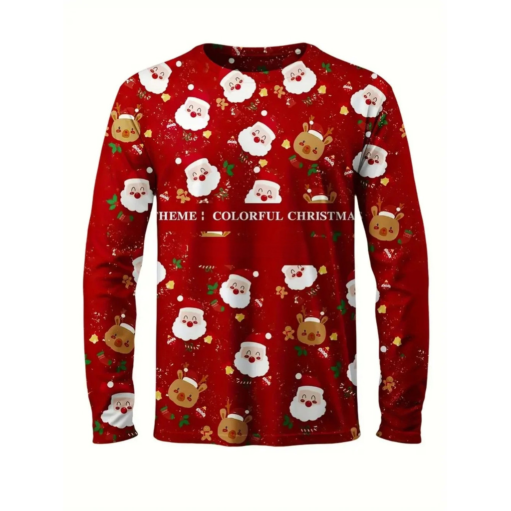 Áo thun dài tay in hình 3D, thiết kế cổ tròn, phù hợp mùa thu với chủ đề Ông già Noel cho Giáng sinh