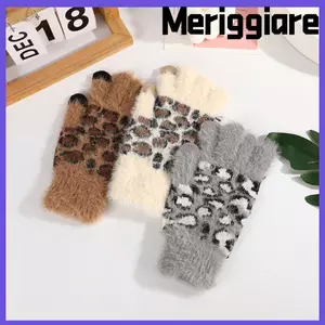 Găng tay sang trọng MERIGGIARE, Găng tay ấm áp in họa tiết da báo nhung, Màn hình cảm ứng chống gió Găng tay học sinh chống lạnh mùa thu đông