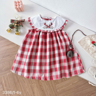 [8-26kg] Váy Sát Nách Cổ Bèo Caro Đỏ Thêu Noel Tết Cho Bé Gái Chất Thô