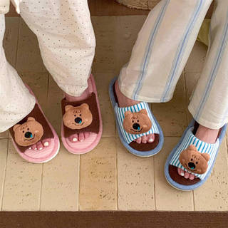 XIXITIAO Dép bông nam nữ họa tiết gấu phối màu, chất liệu cotton lanh thoải mái