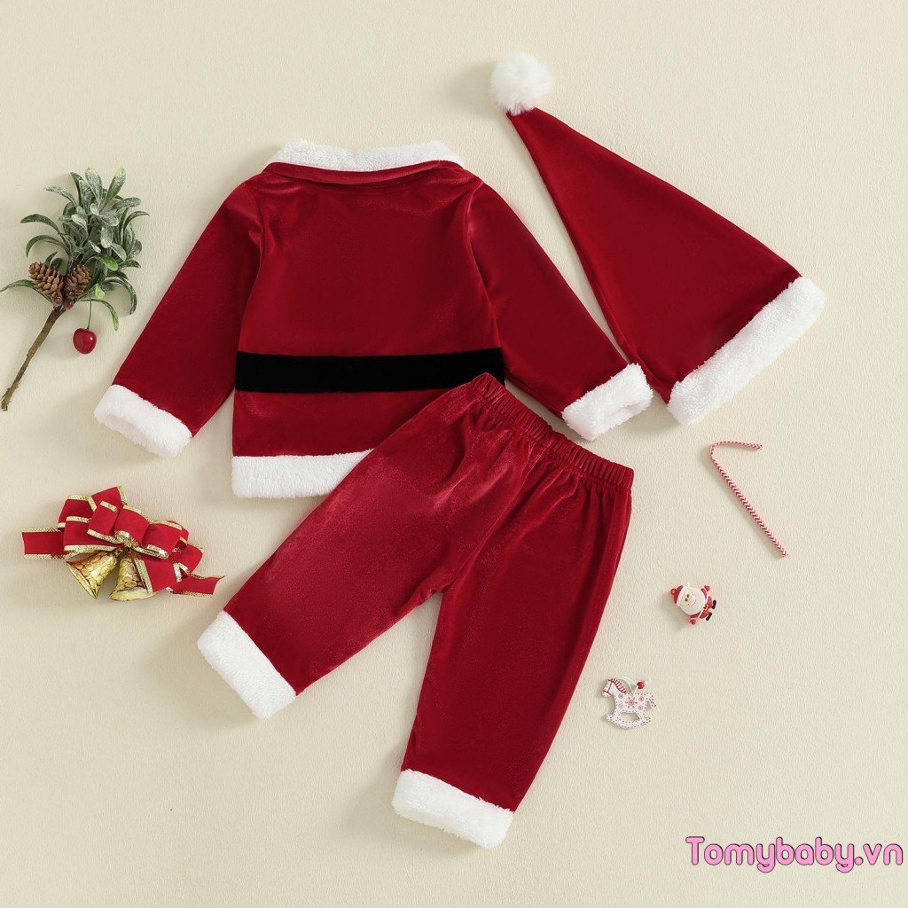 Bộ Trang Phục Giáng Sinh Cho Bé Gái Bé Trai Dài Tay Ve Áo Nút Xuống Áo + Quần Eo Co Giãn Ông Già Noel Trang Phục