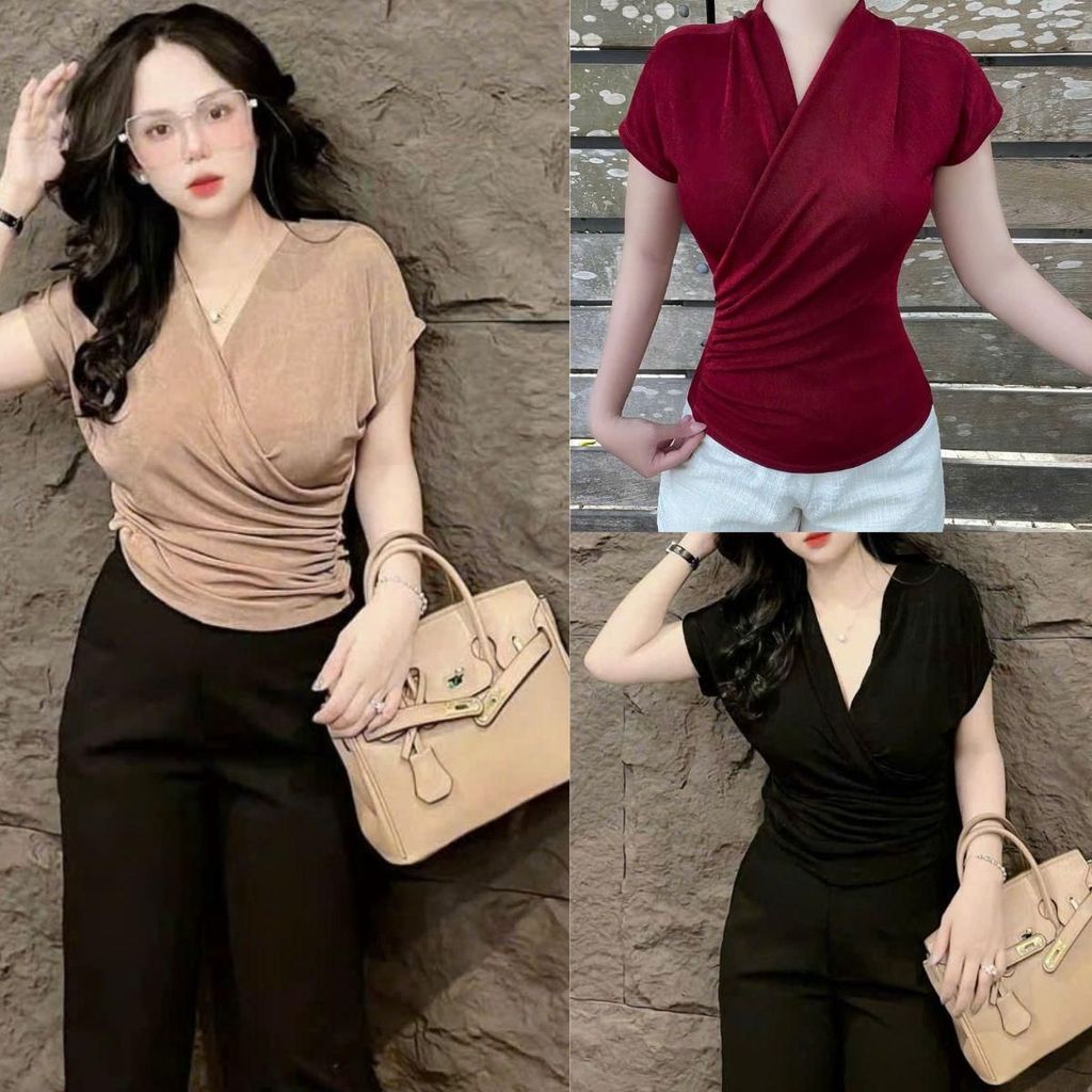 Áo Thun Nhũ Cổ Chéo Sang Chảnh ESHOP - Áo Kiểu Nữ Ánh Kim Nữ Ôm Body Co Giãn Đẹp Dễ Thương MS528