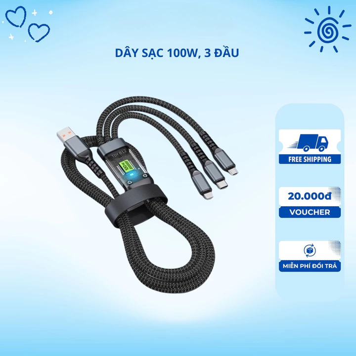 Dây Cáp Sạc Nhanh - Dây Sạc Tự Ngắt 3 Đầu 100W Micro USB Type C 3 trong 1 Dài 1m - Dây Sạc nhanh