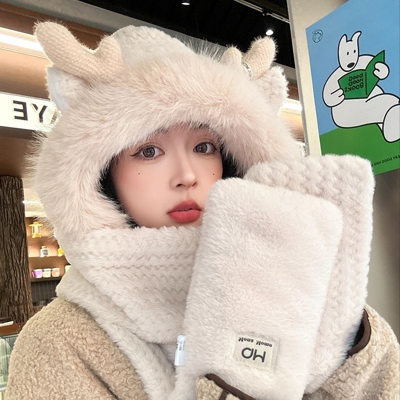 Mũ lông cừu nữ mùa đông, mũ len lông cừu kèm khăn quàng cổ ,găng tay dài đẹp dễ thương