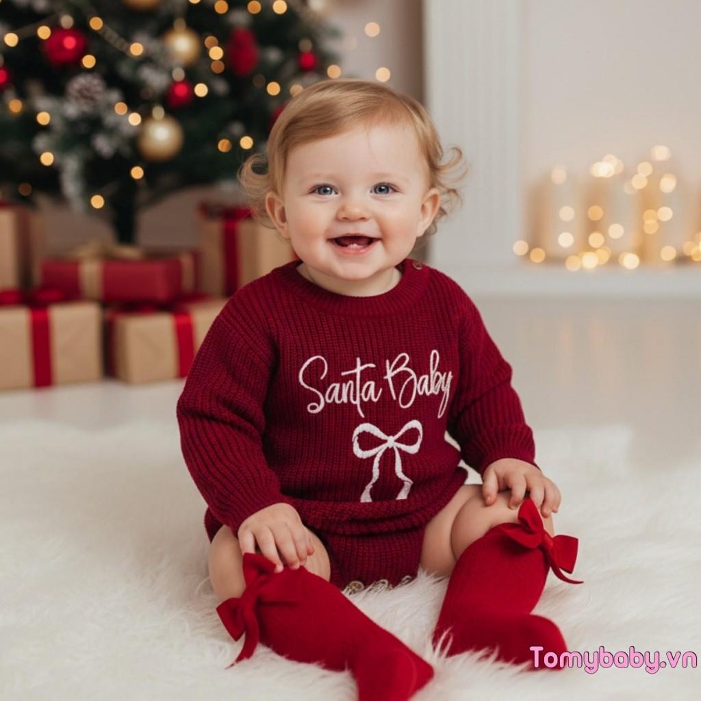 Bé Gái Giáng Sinh Áo Liền Quần Rời Phù Hợp Với Chữ Nơ Thêu Gân Dài Tay Trẻ Sơ Sinh Mùa Đông Jumpsuit