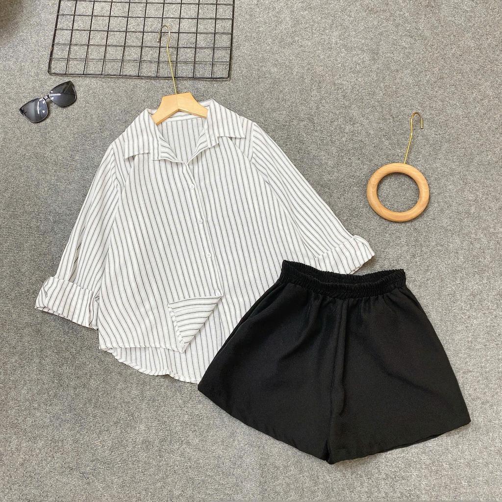 Set Đồ Kiểu Bigsize CÔ NHỎ Áo Sơ Mi Sọc Form Rộng Phối Quần Đùi Lưng Chun Co Giãn Thoải Mái Trẻ Trung- A328+Q500