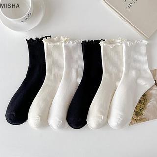 Misa Cotton Ruffles Mắt Cá Chân Tất Nữ INS Mùa Hè Dễ Thương Hàn Quốc Tất Bé Gái Mùa Xuân Đen Trắng Giữa Ống Nhật Bản Sox