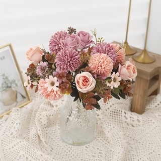 Hoa Giả Decor Trang Trí Nhà Cửa Bó Hồng Cúc Lụa Vintage Retro Cao Cấp Phụ Kiện Chụp Ảnh Cưới Để Bàn Phòng Khách Terracotta Mauve White Mums Roses Fake Flowers Wedding Party Gift Vase Filler Aesthetic Korean Style Boho Autumn