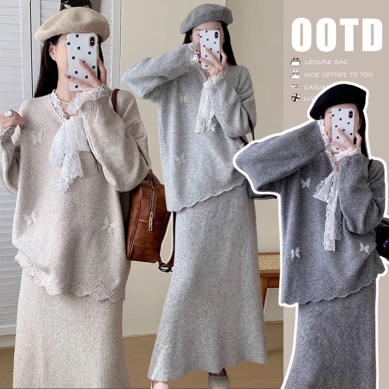 Bộ đồ bà bầu hai mảnh thiết kế thu đông, áo len và váy điều chỉnh được với bướm buộc dây
