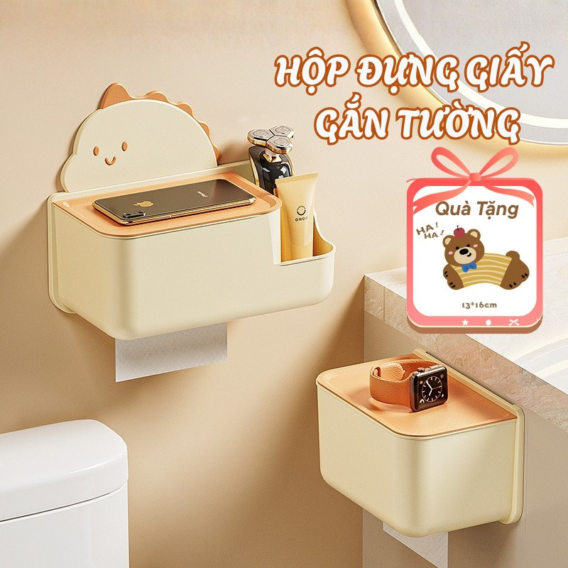 Hộp đựng giấy vệ sinh dán tường kèm kệ để đồ hình khủng long dễ thương tiện dụng cho nhà tắm DinoHome