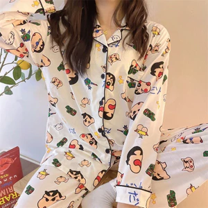 Hàng sẵn có Vận chuyển Thu Đông Bộ đồ ngủ dài tay nữ Crayon Shin-Chan Phim hoạt hình dễ thương Phiên bản Hàn Quốc Loungewear Thu Đông Nam