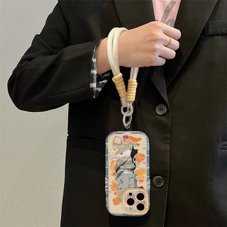 Vỏ gương bánh quy hoạt hình dễ thương + Dây chuyền cho IPhone 16 11 15 14 13 12 Pro Max X Xr Xs Max 7 8 Plus Vỏ điện thoại bảo vệ ống kính chống sốc mềm Vỏ màu đen
