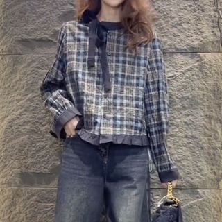 L-6XL Plus Size Áo Sơ Mi Nữ Nấm Cạnh Nơ Cổ Tròn Dài Tay Kẻ Sọc Áo Sơ Mi Nữ Thu Đông Hàn Quốc Retro Thời Trang Rời Top Hợp Thời Trang Plus Size Quần Áo Nữ
