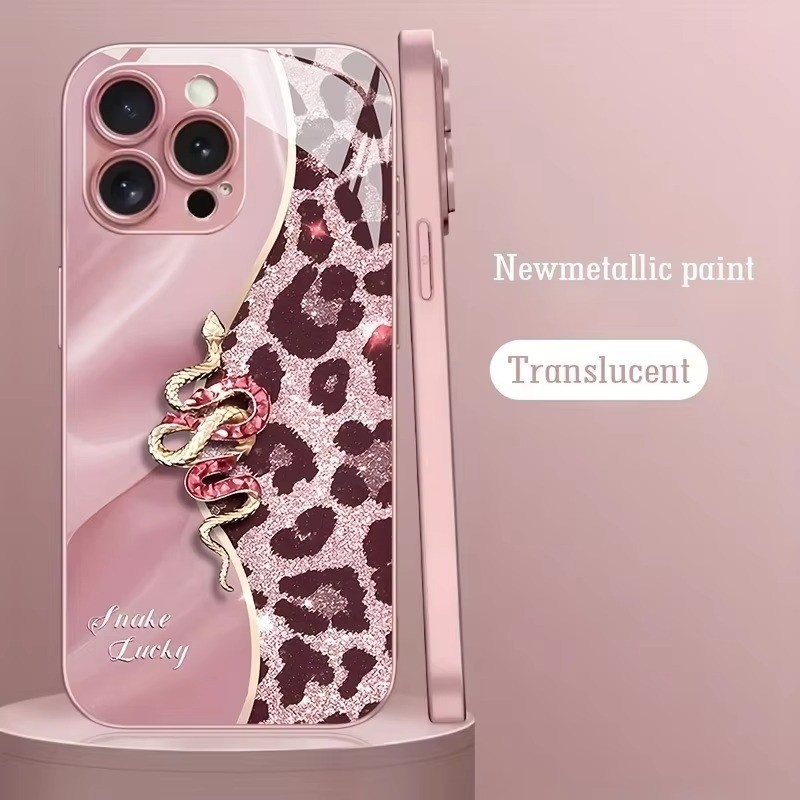 Ốp Điện Thoại Thủy Tinh Sơn Kim Loại Da Báo In Hình Con Rắn Vàng Cho iPhone 17 16 15 14 13 12 11 Pro Max Plus 16E 17Air Cover