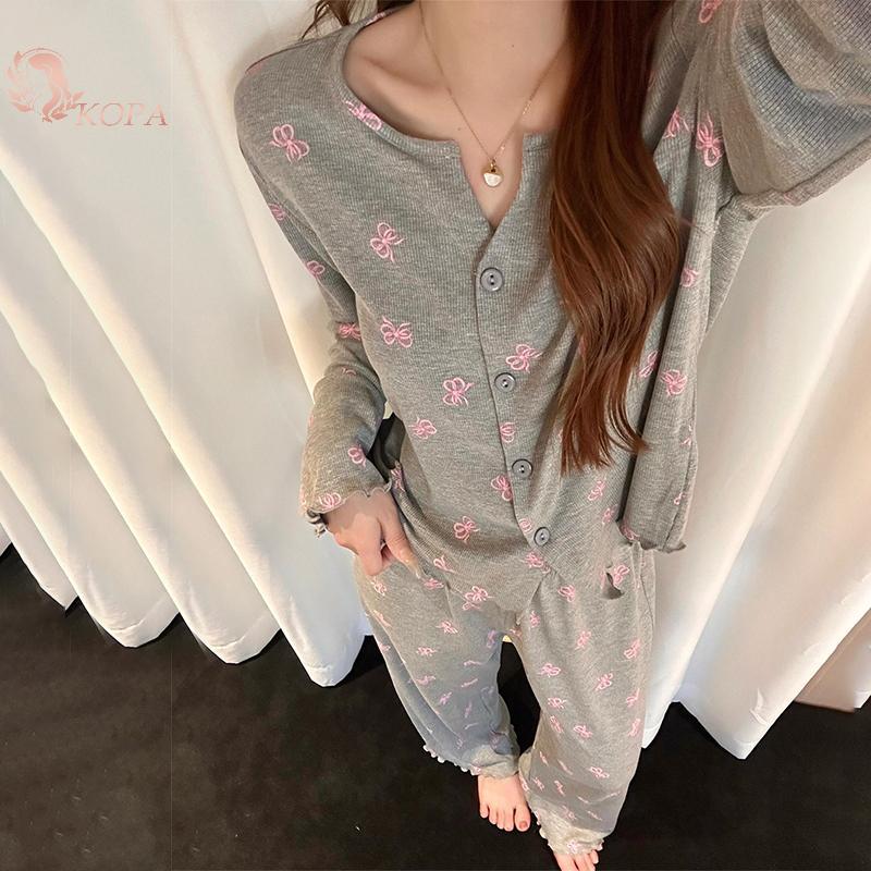 KOPA Bộ Đồ Ngủ Thu Đông Mới, Ice Silk Thread với Áo Cardigan Rời Dễ Thương
