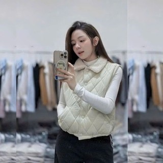 Áo phao gile phối cổ lông cúc bấm dành cho nữ dày dặn, mềm mịn