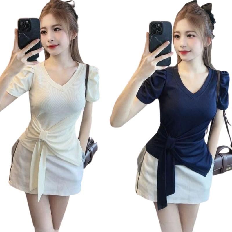 Áo Thun Bigsize Tay Ngắn Cột Nơ Dễ Thương ESHOP Áo Thun Nữ Cổ Tim Tay Phồng Ôm Body MS473