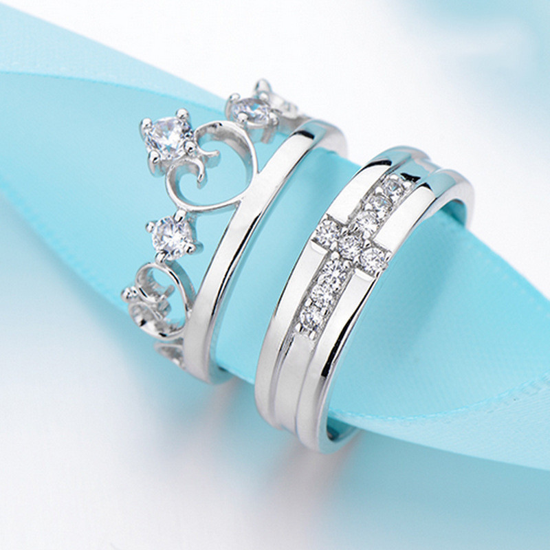 Nhẫn bạc S925 vương miện chữ thập đôi, zircon kẻ sọc điều chỉnh được, quà tặng cưới độc đáo