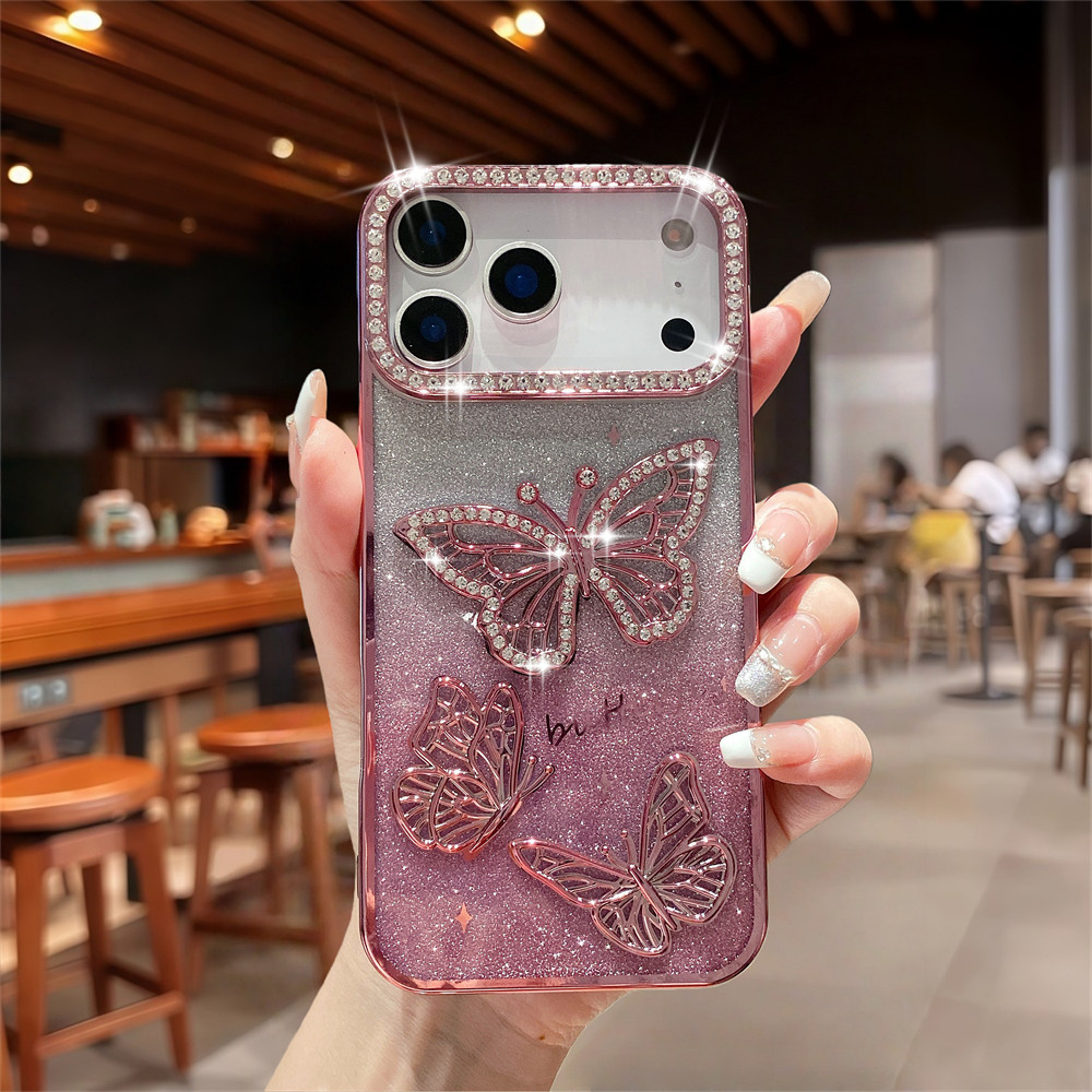 Ốp điện thoại hình con bướm ba chiều Flash Diamond cho iPhone 17 Pro Max 16 13 14 15 Pro Max Air 16 plus Ống kính bảo vệ Camera Vỏ chống sốc Vỏ mềm vỏ bảo vệ điện thoại