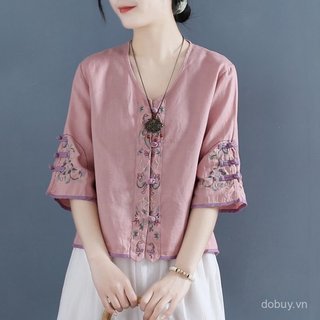 Nữ áo sơ mi lanh cotton vintage cổ chữ V, thêu tỉ mỉ, phong cách Trung Hoa, phù hợp mùa hè