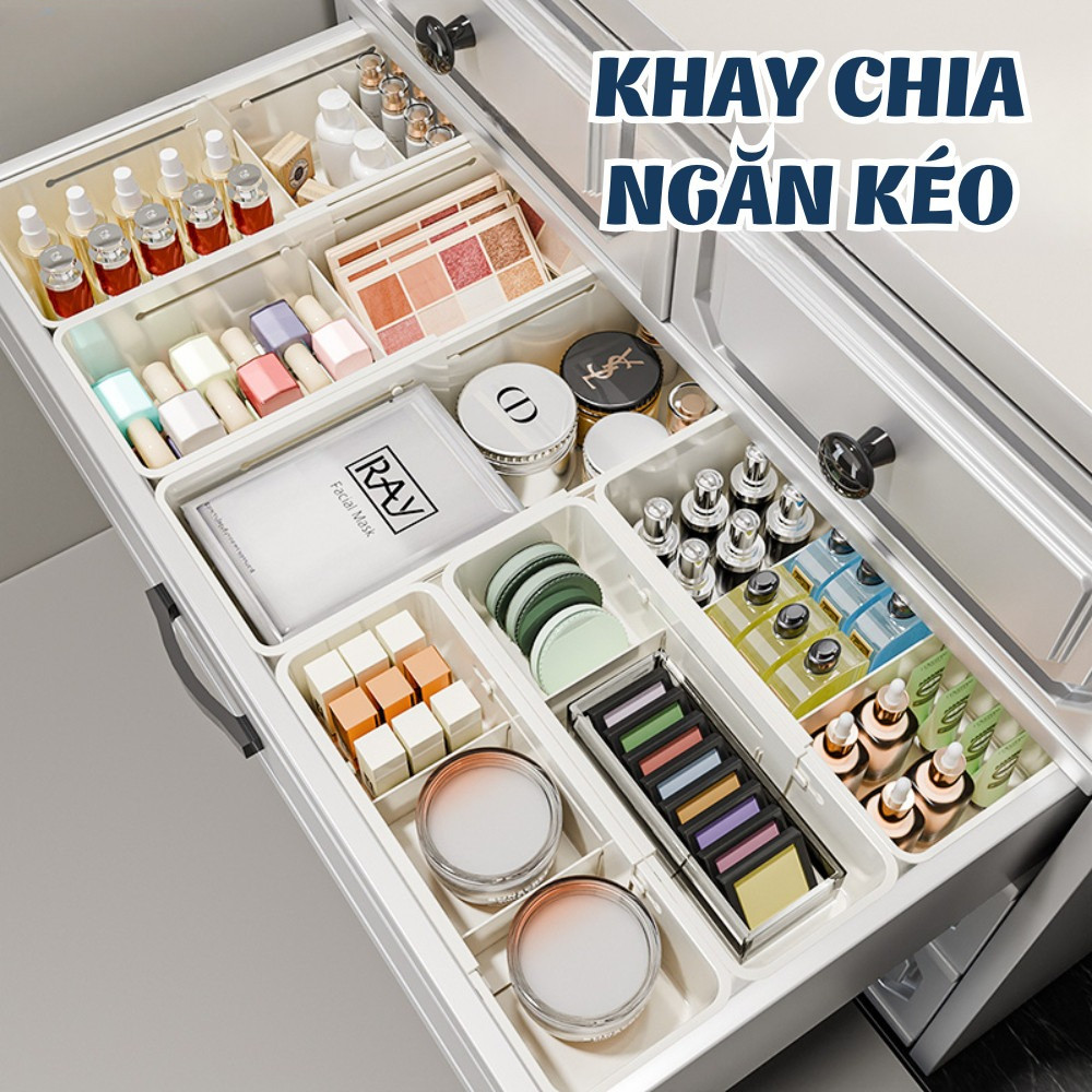 Khay chia ngăn kéo đựng mỹ phẩm đa năng DINO, Khay nhựa chia ngăn tủ có vách ngăn điều chỉnh độ dài tùy ý