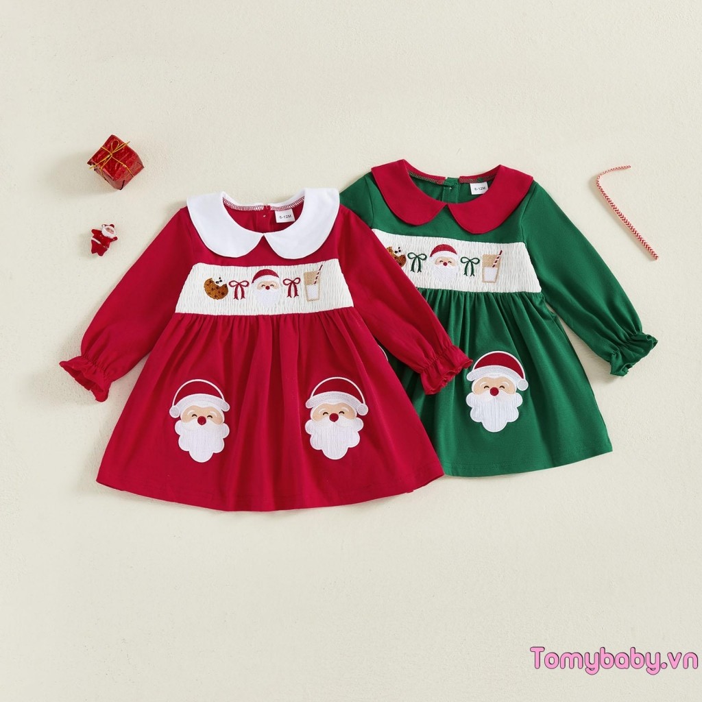 Trẻ Em Bé Gái Váy Giáng Sinh Tay Dài Cổ Búp Bê Thêu Ông Già Noel Mùa Thu Váy