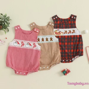 Áo liền quần kẻ sọc cho bé Tuần lộc Giáng sinh / Ông già Noel / Bộ áo liền quần không tay thêu bánh gừng
