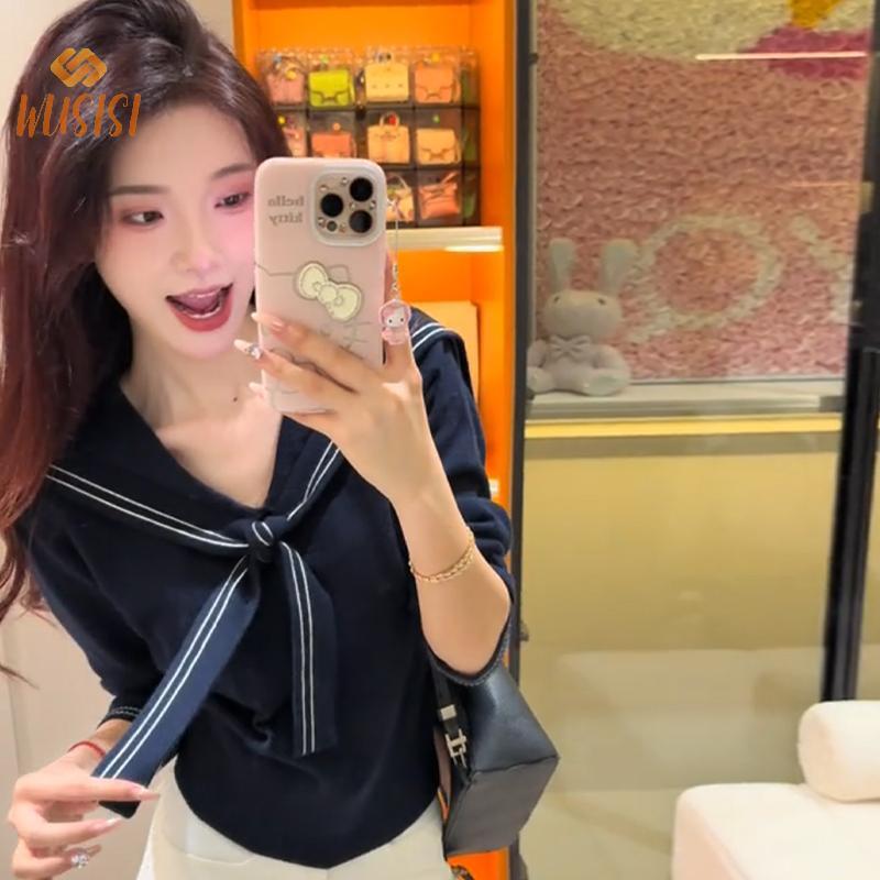 Áo len dài tay dáng rộng cổ Hải Quân phong cách đại học, thiết kế Hàn Quốc dành cho nữ