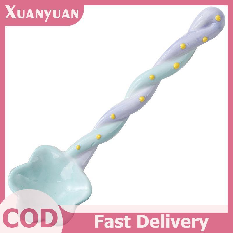 XUAN 1 Gốm Tay Cầm Dài Thìa Dễ Thương Kem Vẽ Tay Món Tráng Miệng Thìa Tay Cầm Dài Bộ Đồ Ăn Nhà Bếp Phụ Kiện VN