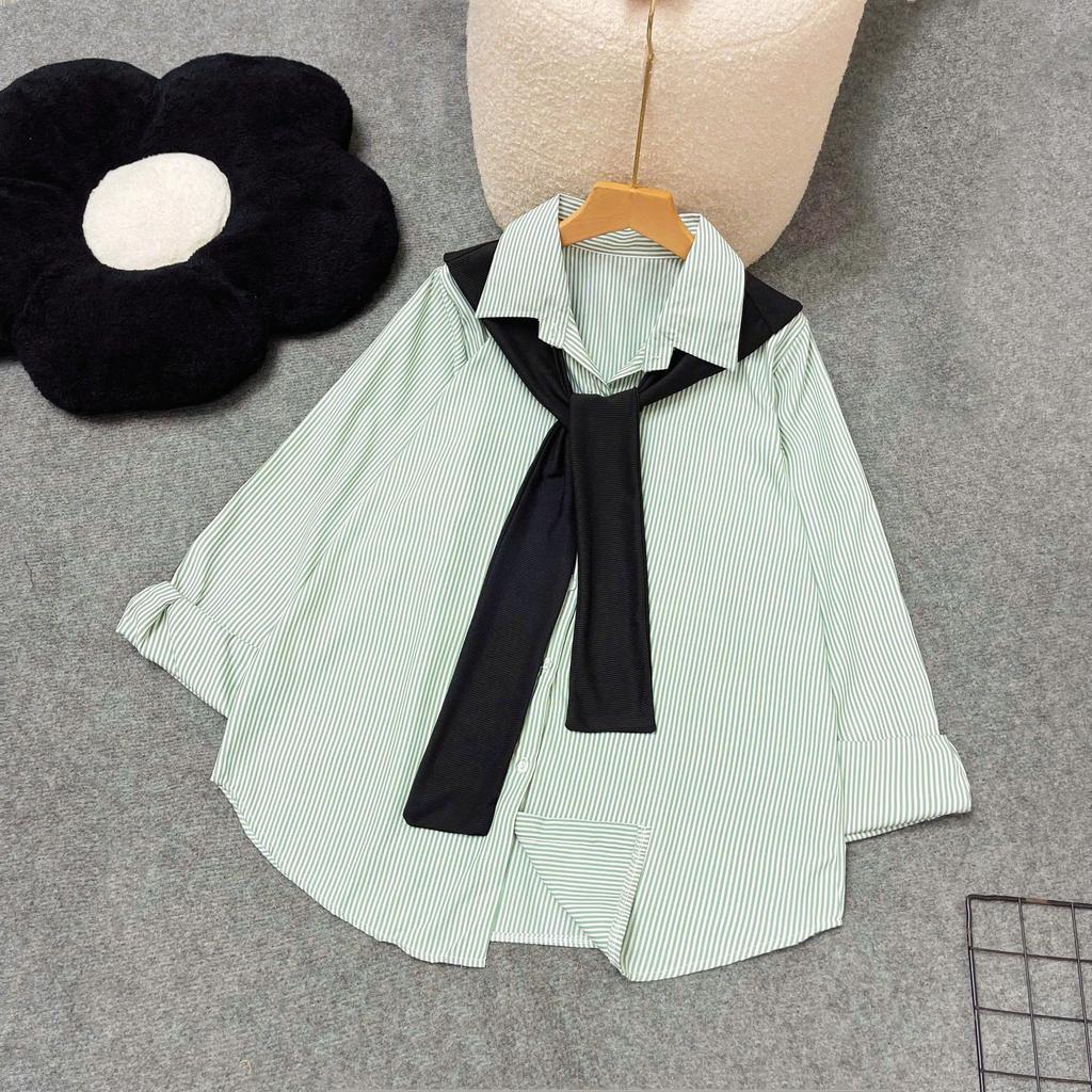 Áo Sơ Mi Bigsize Cô Nhỏ Dài Tay Kẻ Sọc Vải Lụa Mềm Mát Kèm Khăn Thủy Thủ Chất Vải Tăm SM49+A195