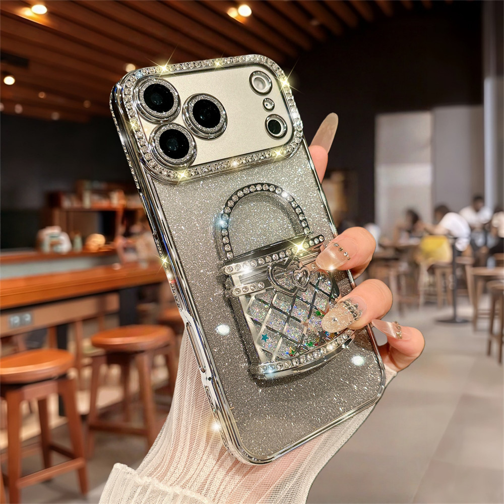 Ốp điện thoại giá đỡ gương cát lấp lánh cho iPhone 17 Pro Max 16 11 12 13 14 15 Pro Max Ống kính Bảo vệ Camera Vỏ chống sốc Vỏ mềm TPU