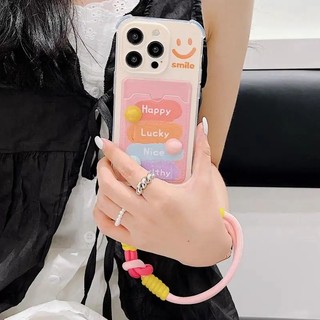 Ốp lưng bỏ túi thẻ nụ cười dễ thương 3D cho iPhone 13 14 Pro Max 12 Mini có dây đeo Vỏ silicon mềm