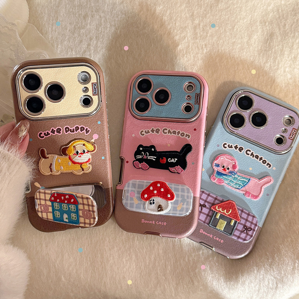 3D Mèo Chó Gấp Gương Giá Đỡ Mạ Da Điện Thoại Cho iPhone 17 Pro Max 16 Plus 15 14 13 Vỏ Bảo Vệ Chống Sốc
