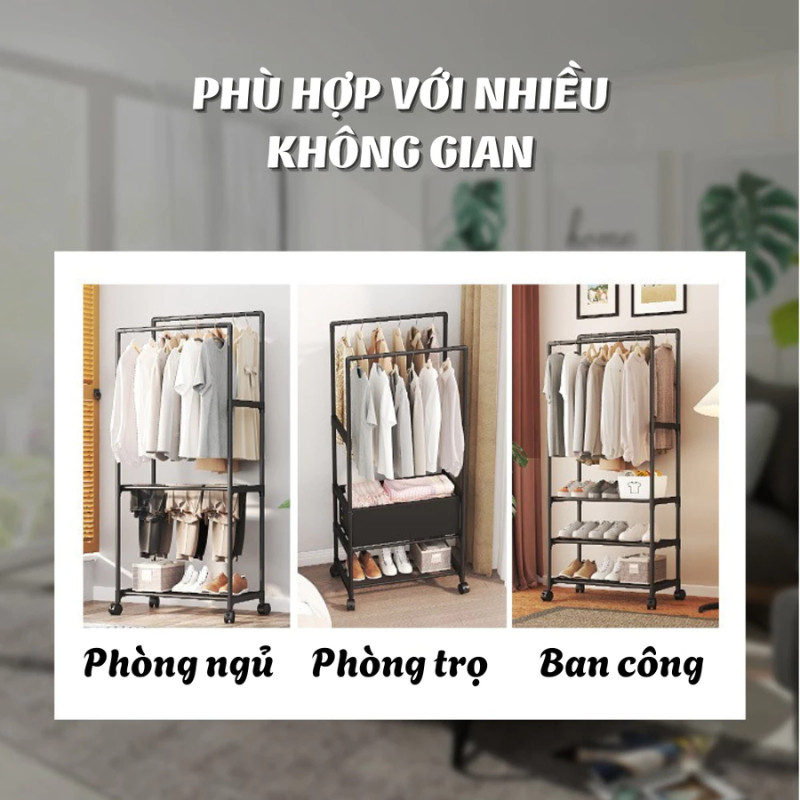 Giá Treo Quần Áo 3in1 Có Bánh Xe Tích Hợp Kệ Để Giày, Mũ DINO,Kệ Để Đồ Phòng Ngủ Phòng Trọ Dễ Lắp Ráp, Chịu Lực Tốt