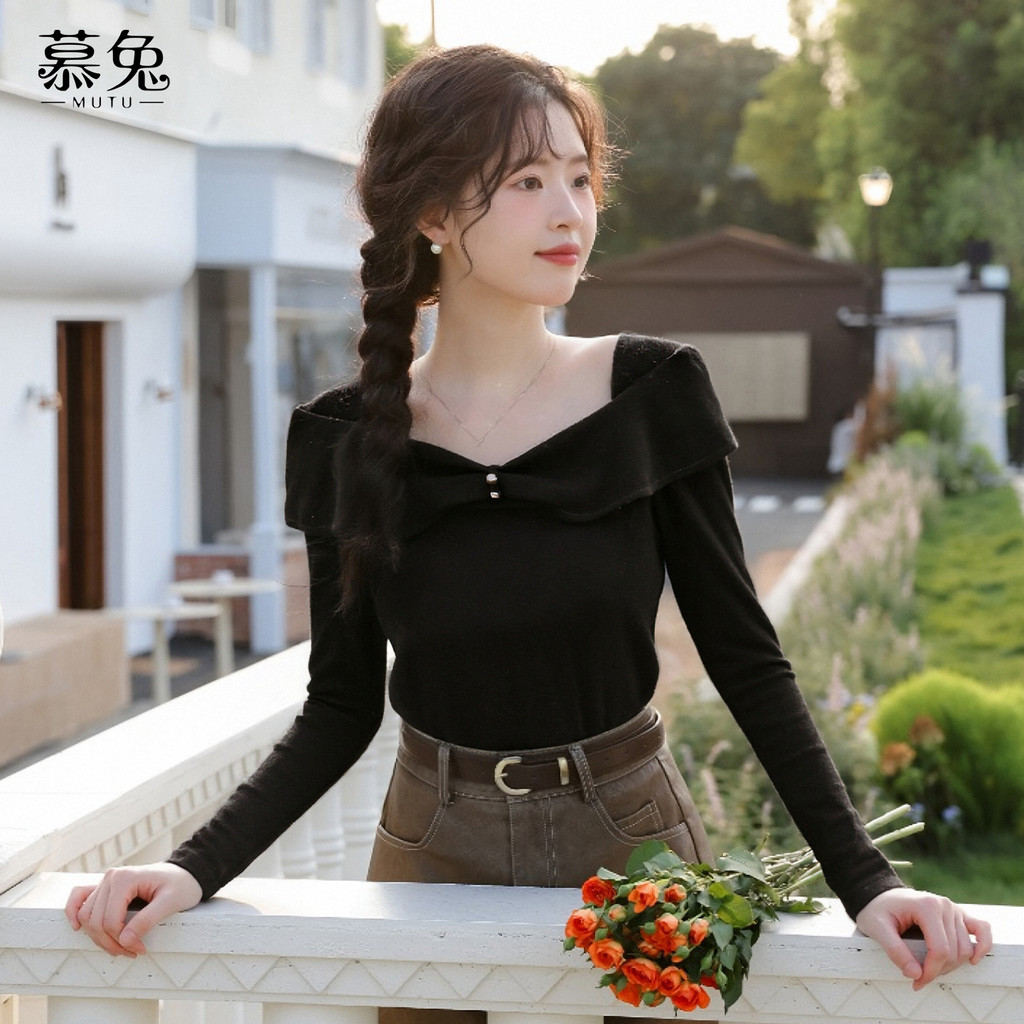 Mutu Áo Thun Nữ Phong Cách Pháp Retro, Cổ Vuông Xù Tay Dài, Form Ôm