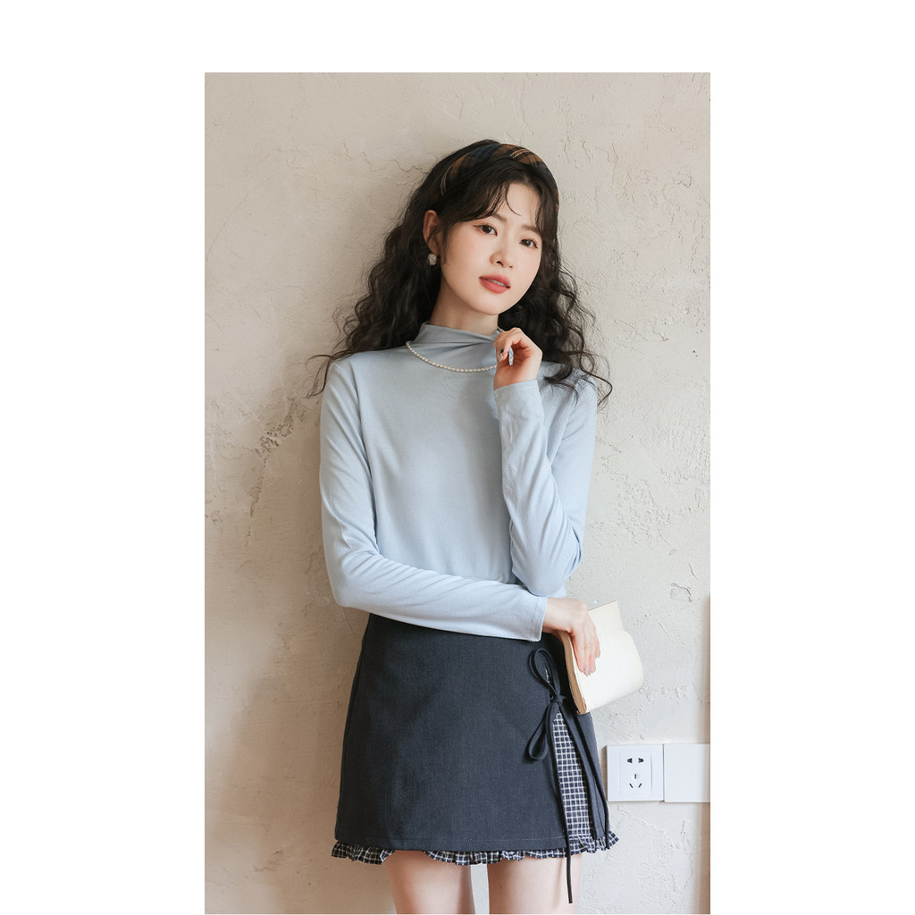 Mutu Màu Trơn Nửa Cổ Cao Dài Tay Áo Thun Nữ Mùa Xuân 2026 Phong Cách Mới Thời Trang Bên Trong Slim-fit Ôm Hơn Nhìn Đáy