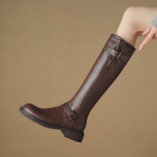 Giày Bốt Nữ Mũi Tròn Dày Gót Bên Dây Kéo Không Rơi Ống Thời Trang