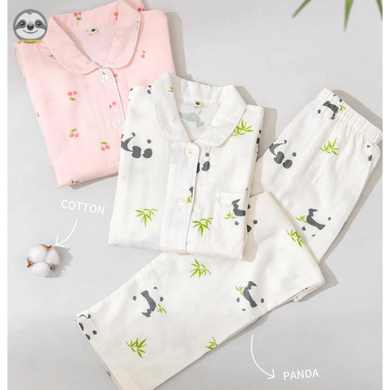 Trẻ em họa tiết dễ thương Bộ đồ ngủ Cotton nguyên chất / Bộ đồ ngủ gạc hai lớp dành cho cha mẹ và con cái / Quần dài tay bé trai Phòng chờ