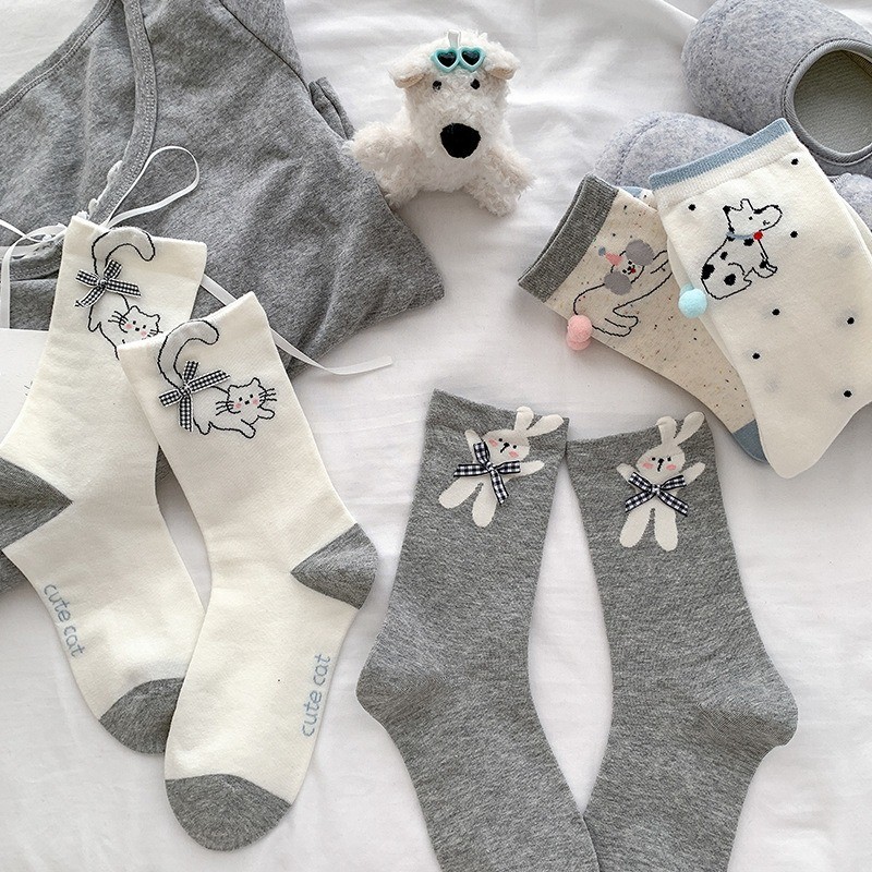 Tất phong cách Hàn Quốc với biểu tượng chó con dễ thương, mèo và thỏ - Thiết kế preppy màu trắng