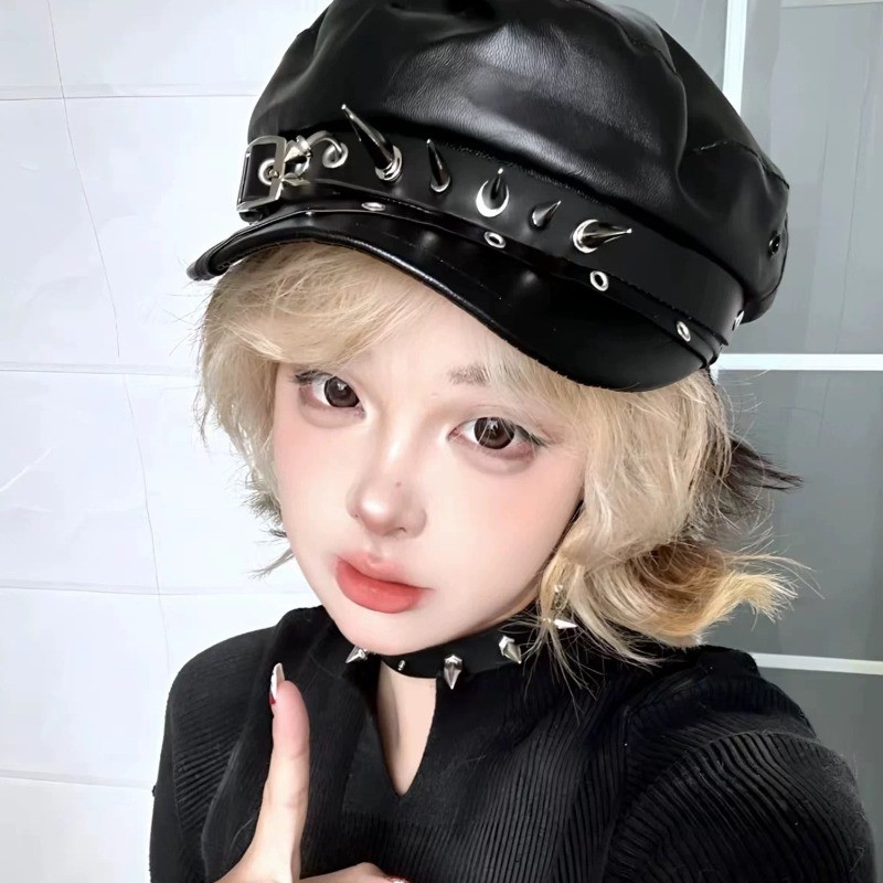 Mũ nồi da đinh tán đen dành cho nữ, phù hợp phong cách họa sĩ, Hip Hop, Y2K - Chống nước và điều chỉnh size