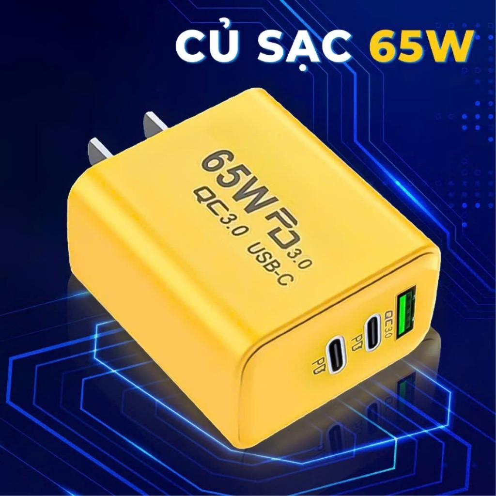 Cốc sạc nhanh 65W “Tặng cáp sạc nhanh 4 in 1” . Củ sạc nhanh 3 in 1 gồm: 2 cổng Type C + 1 cổng USB