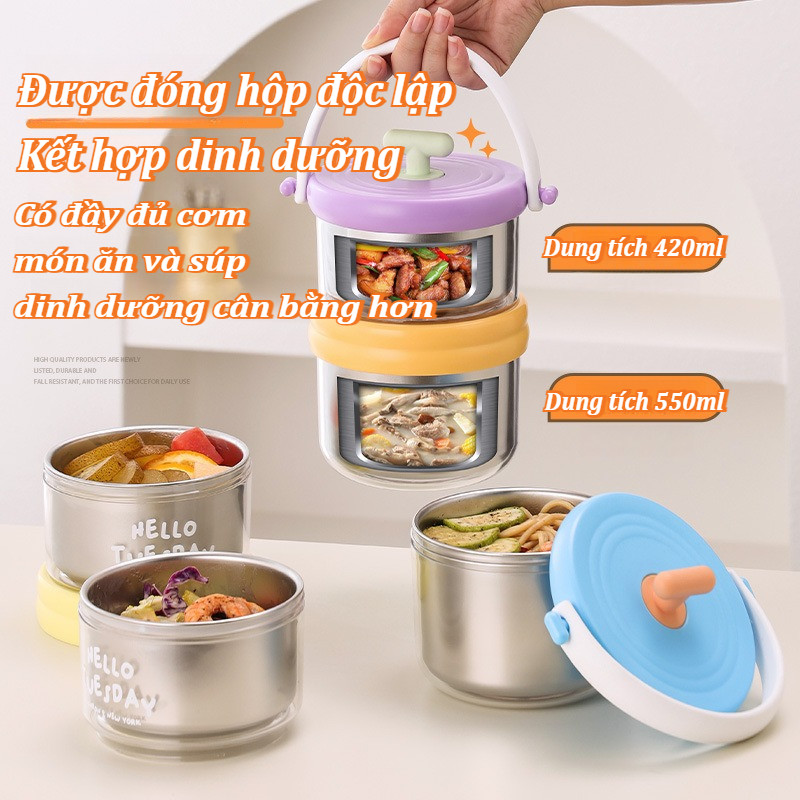 Hộp đựng cơm inox 304 giữ nhiệt 2 tầng 1280ml có kèm muỗng,Nó có thể bảo quản súp.