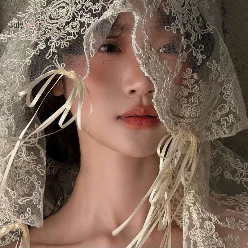 JULYHOT 1 Cái Phong Cách Pháp Thêu Thanh Lịch Ngắn Làm Cỏ Mũ Vintage Full Ren Cô Dâu Khăn Lau Có Nơ Ruy Băng Massivedeals