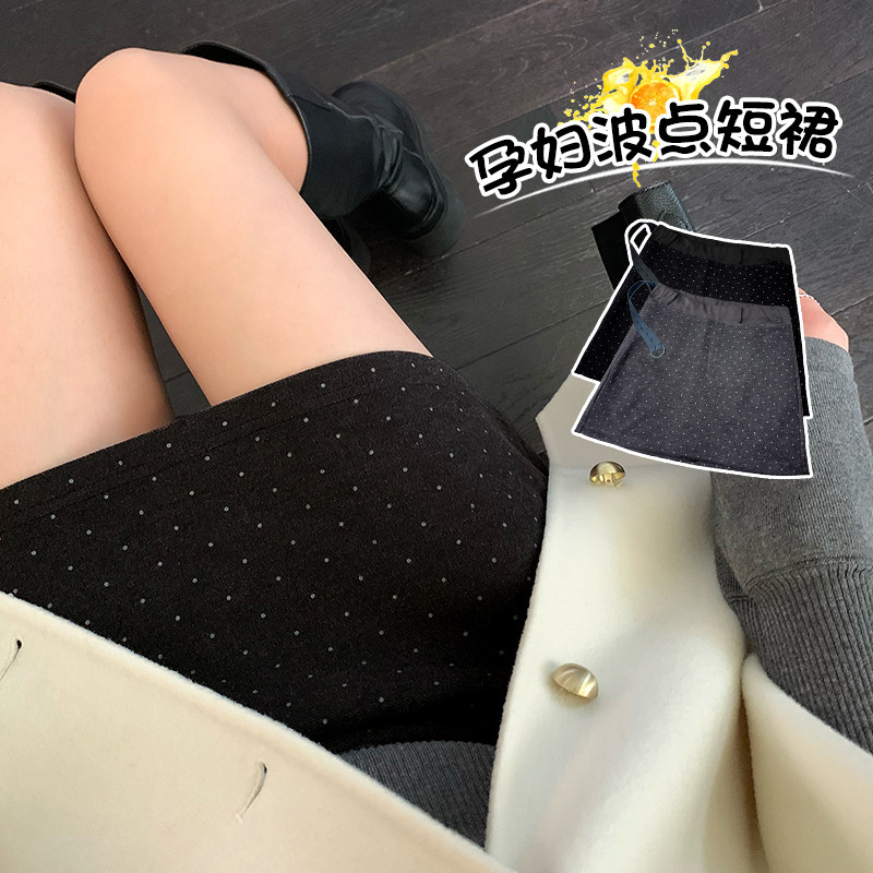 Trang phục bà bầu Thu đông Len dày chấm bi Váy chải cổ điển