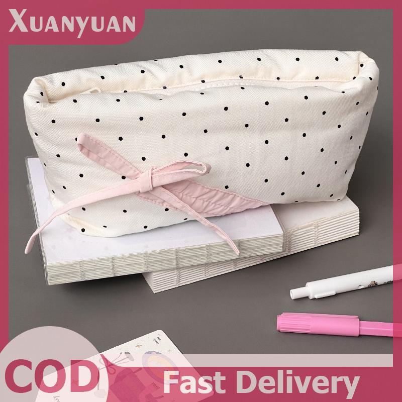 XUAN Dễ Thương Chấm Bi Nơ Hộp Đựng Bút Chì Màu Trắng Với Màu Hồng Phụ Kiện Dung Tích Lớn Dây Kéo Túi Đựng Bút Chì Học Sinh Văn Phòng Phẩm Đồ Dùng Học Tập VN