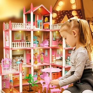 【BabyJoy】Mô Hình đồ Chơi Lắp Ghép Nhà Búp Bê Cho Bé Gái Màu Hồng,Mô Hình Lắp Ráp Ngôi Nhà Cho Bé Gái Mà,Tặng Đèn LED