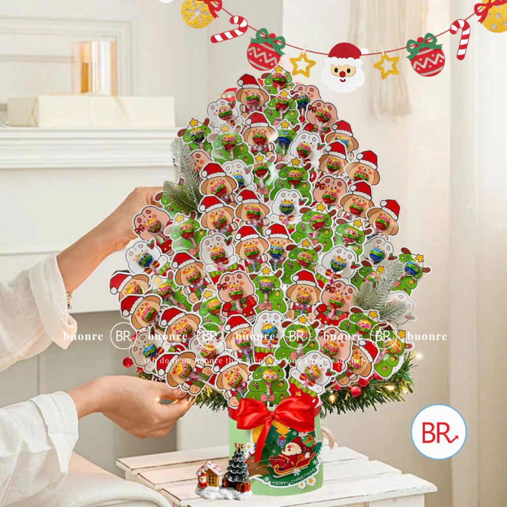 [QUÀ Noel] Set giỏ hoa kẹo mút Noel dễ thương-Quà tặng cho bé, trang trí tiệc,phát kẹo vui nhộn ANGIHOME