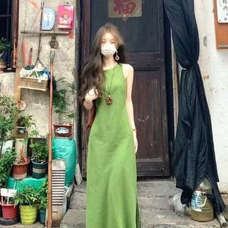 Váy vest không tay màu xanh lá cây phong cách Mori, thiết kế slimmer