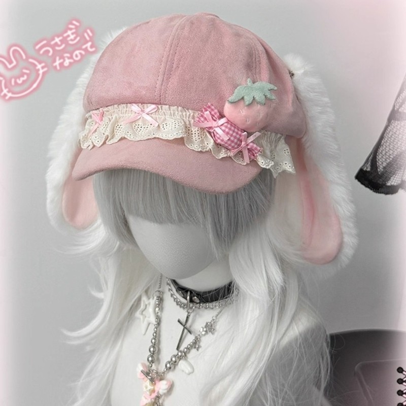 Mũ nồi hình bát giác sành điệu GODD có tai thỏ dài và dâu tây Mũ Cosplay